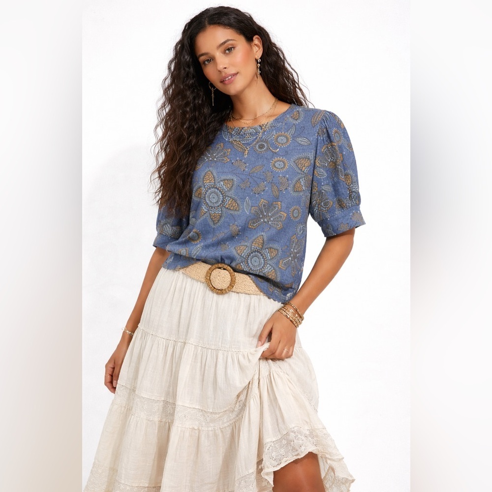 Anthropologie Sundry Paisley Blue Floral Puff Sleeve Top Size 3 Casual Boho Tee